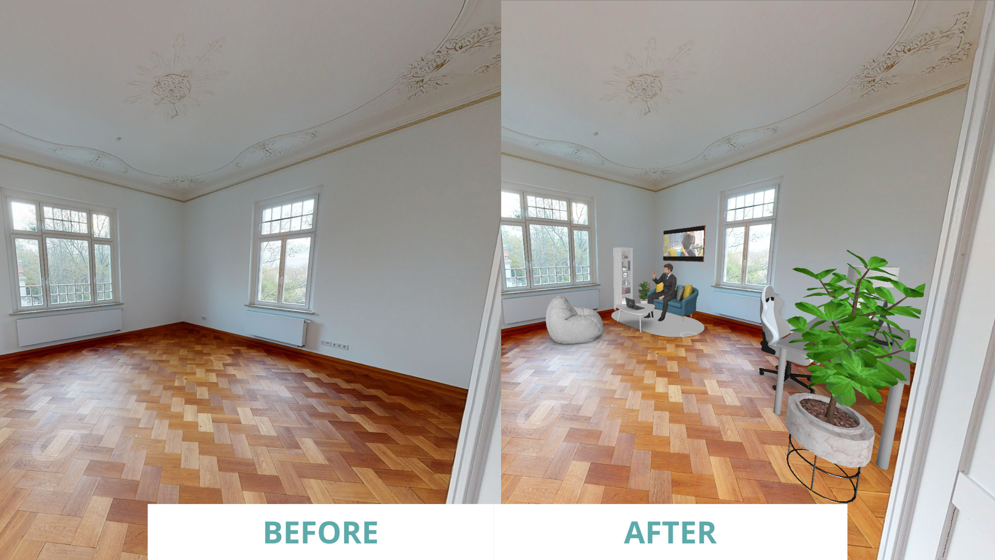 Virtual Staging 360° Tour with rooom Before and after picture Virtual Staging